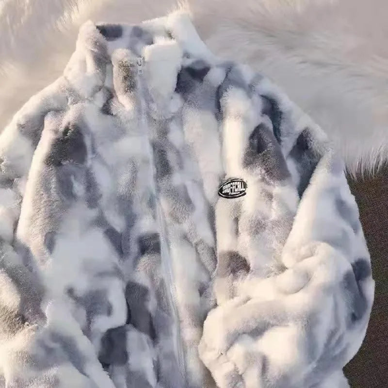 New Women's Tie Dye Lamb Fleece Jacket Autumn Winter Zipper Outerwear Warm Plush Jackets