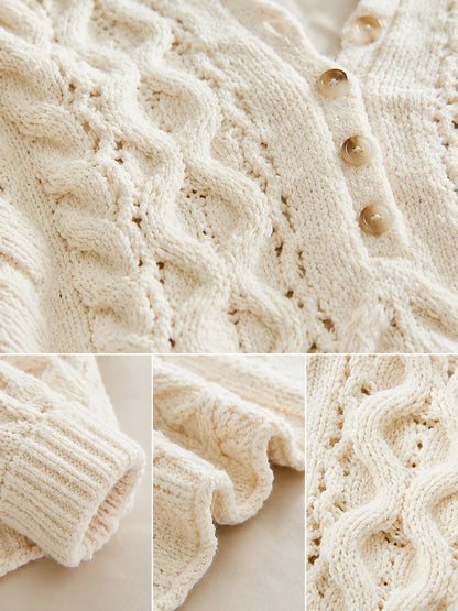 Oversized Chunky Cable Knit Henley Sweater for Women, Half Button V‑Neck Cropped Long Sleeve Pullover, Loose Casual Textured Knit Jumper