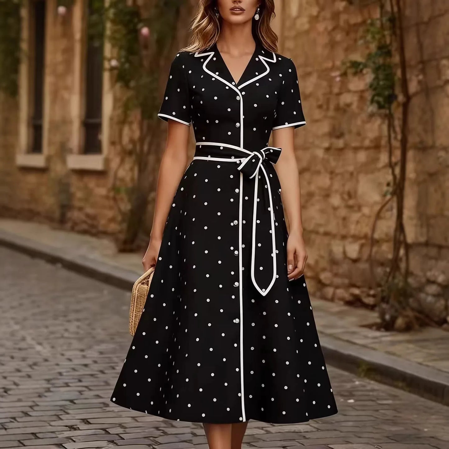 Vintage French Style Polka Dot V Neck Summer Dress Slim Waist Tie Belt Midi A-Line Flared Casual Outfit