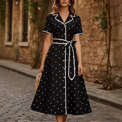 Vintage French Style Polka Dot V Neck Summer Dress Slim Waist Tie Belt Midi A-Line Flared Casual Outfit