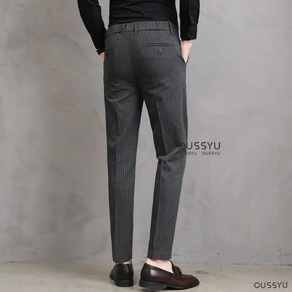 England Stripe Pattern Formal Dress Slim Fit Pants Men Summer Thin Light Gray Black Breathable Skinny Casual Trousers Male