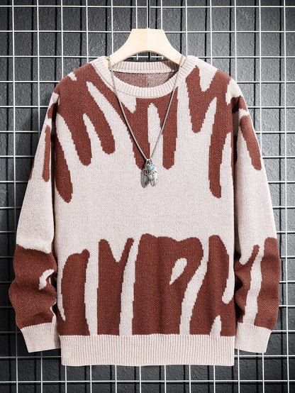 New Trendy Autumn and Winter Irregular Jacquard Pattern Pullover Sweater Casual Round Neck Color-Blocking Knit Men's Pullover