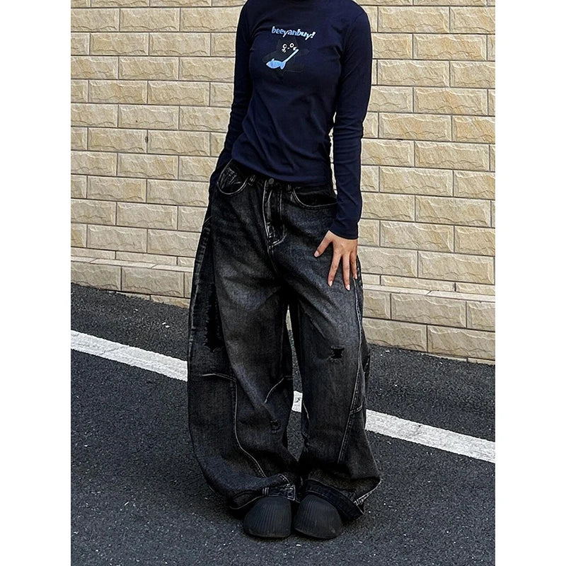 ZHIZOU Women Tomboy Dark Academia Baggy Low Rise Mom Jean Japanese Y2K Harajuku Denim Wide Leg Pants 2000s Cyber Punk Grunge