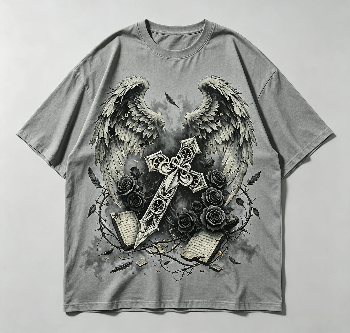 Vintage Gothic Angel Wings Cross Rose Graphic T Shirt Men Women Dark Aesthetic Streetwear Short Sleeve Casual Tee