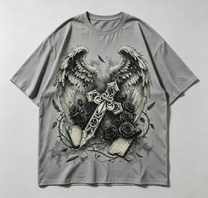 Vintage Gothic Angel Wings Cross Rose Graphic T Shirt Men Women Dark Aesthetic Streetwear Short Sleeve Casual Tee