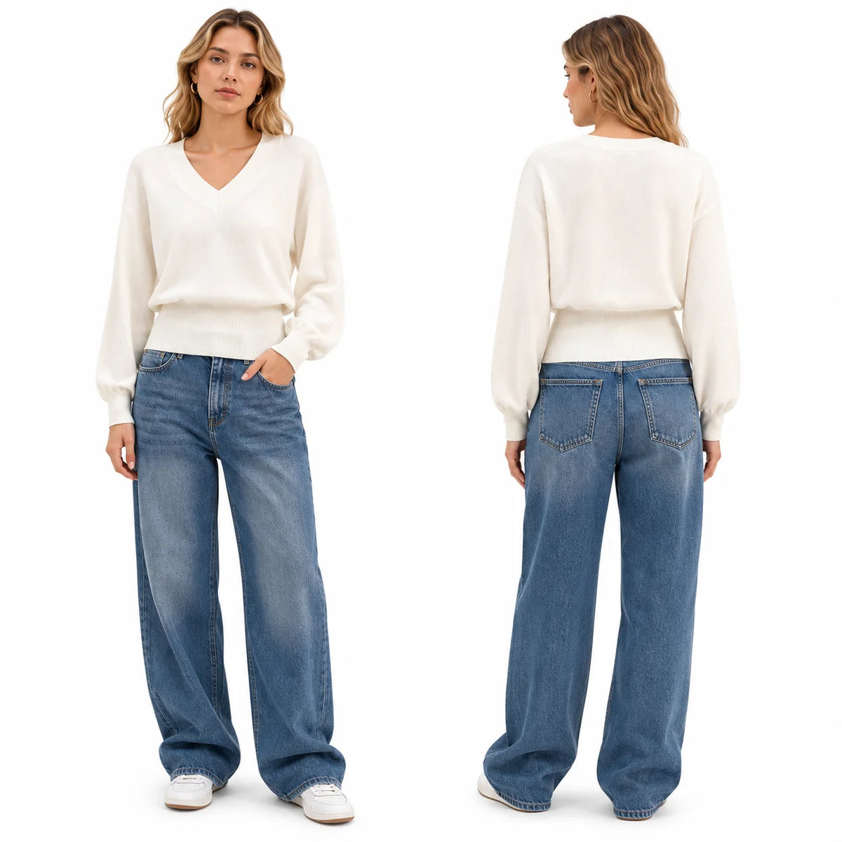 Batwing Sleeve V‑Neck Sweater for Women, Dolman Long Sleeve Ribbed Hem Cropped Knit Pullover, Loose Fit Casual Soft Knitted Jumper for Daily Office Fall Winter