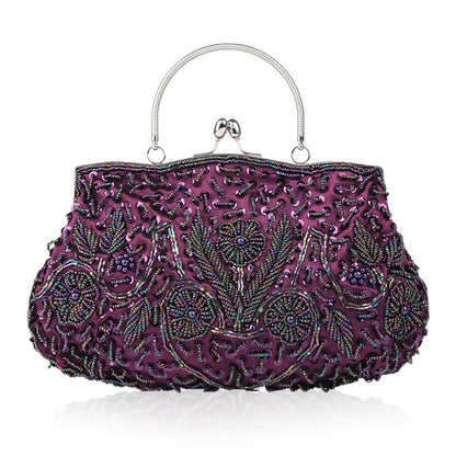 Evening Clutch Bag Handmade Beaded Floral Party Purse with Kiss Lock & Strap Glass Beads Polyester Blue Purple Grey