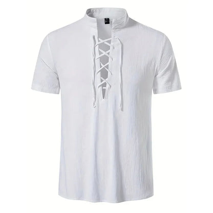 Men's Retro Shirt Short Sleeve Cotton Linen Lightweight Breathable Solid Color Fashion Tops Pirate V-neck Male Stylish Shirts