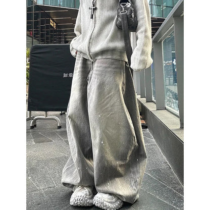 American Fashion New Gray Oversized Denim Pants Retro Wash Loose High Waist Trousers Harajuku Simple Casual Wide Leg Jeans