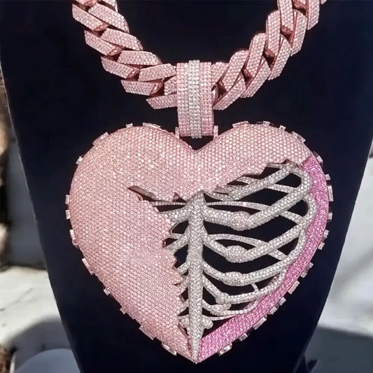Iced Out Synthesis Zircon Broken Heart Skeleton Pendant, Two Tone Hip Hop Necklace, Men's Bling Gothic Jewelry for Gift Unique