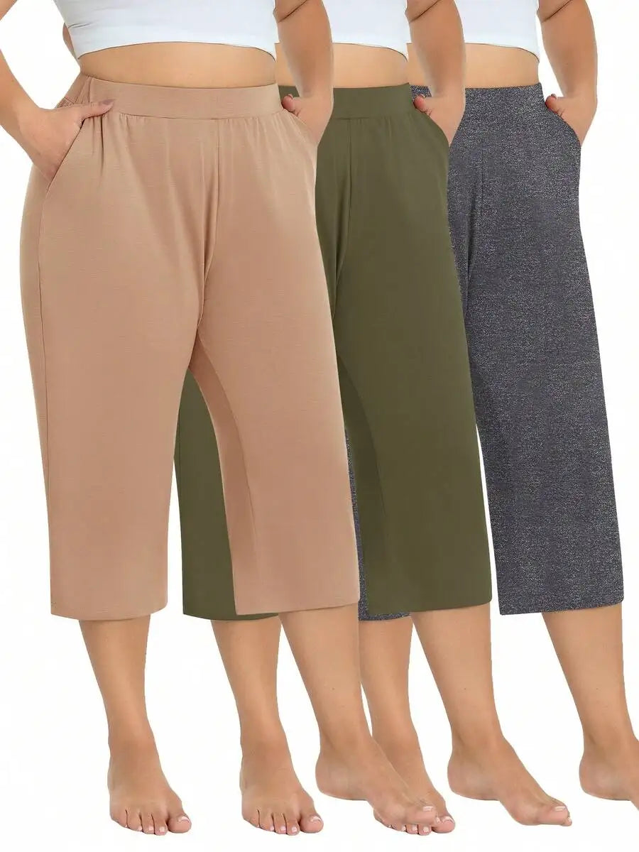 3 Pack Women's Plus Size Capri Sweatpants - Loose Cropped Yoga Lounge Pajama Pants With Pockets For Summer Light Gray + Dark