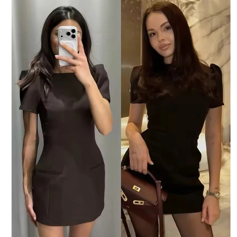 Chic Elegant Women Short Sleeve Mini Dress Slim Fit High Waist Solid Midi Dresses Simple Bodycon Commuter Summer Dress ﻿