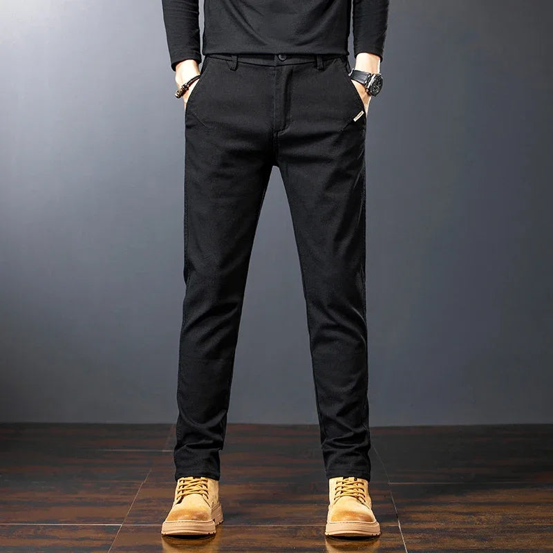 Spring Men's Slim Casual Pants Business Straight Twill Cotton Elastic Trousers Brand Fashion Clothing Coffee Black Gray