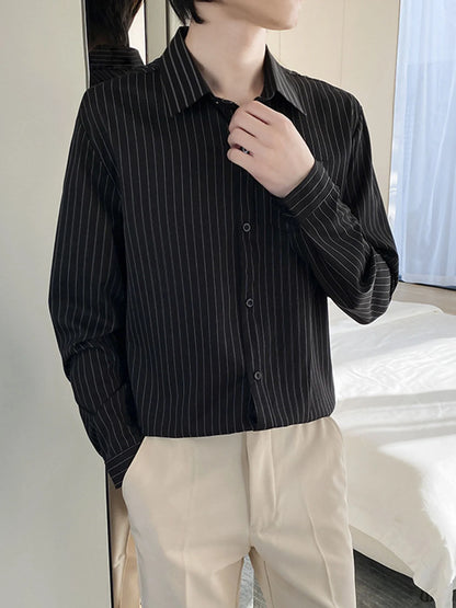 Spring and autumn high-end black striped shirt for men, long sleeve business casual daily commuting shirt.