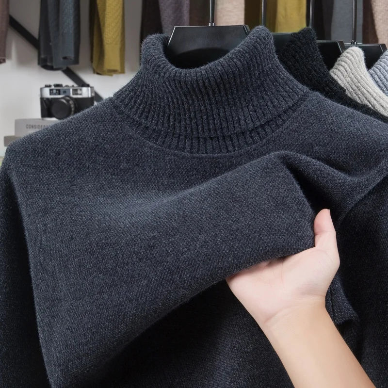 Luxury Man Long-Sleeved Knitwear High Neck Fleece-Lined Thickened Solid Color European American Style Sweater Leisure Men's Wear