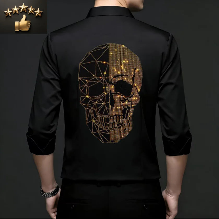 2026 Spring Autumn Luxury Men Streetwear Shirt Shiny Rhinestone Design Loose Natural Silk Casual Long Sleeve Shirt