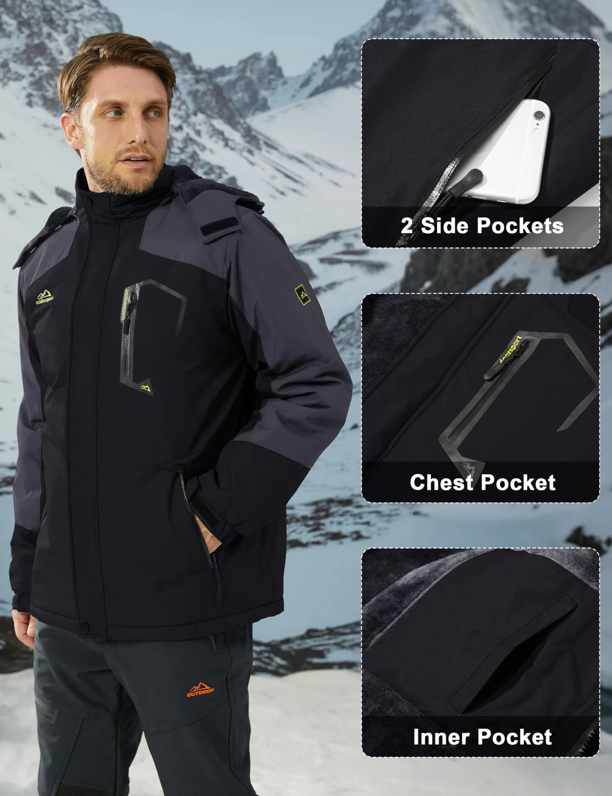 Men's Water-Resistant Ski Jacket Winter Fleece Lined Snow Coat Warm Windproof Outdoor Jacket