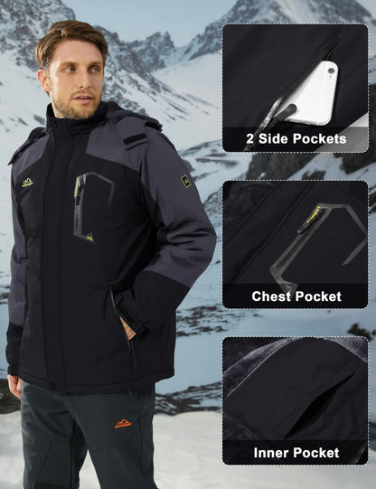 Men's Water-Resistant Ski Jacket Winter Fleece Lined Snow Coat Warm Windproof Outdoor Jacket