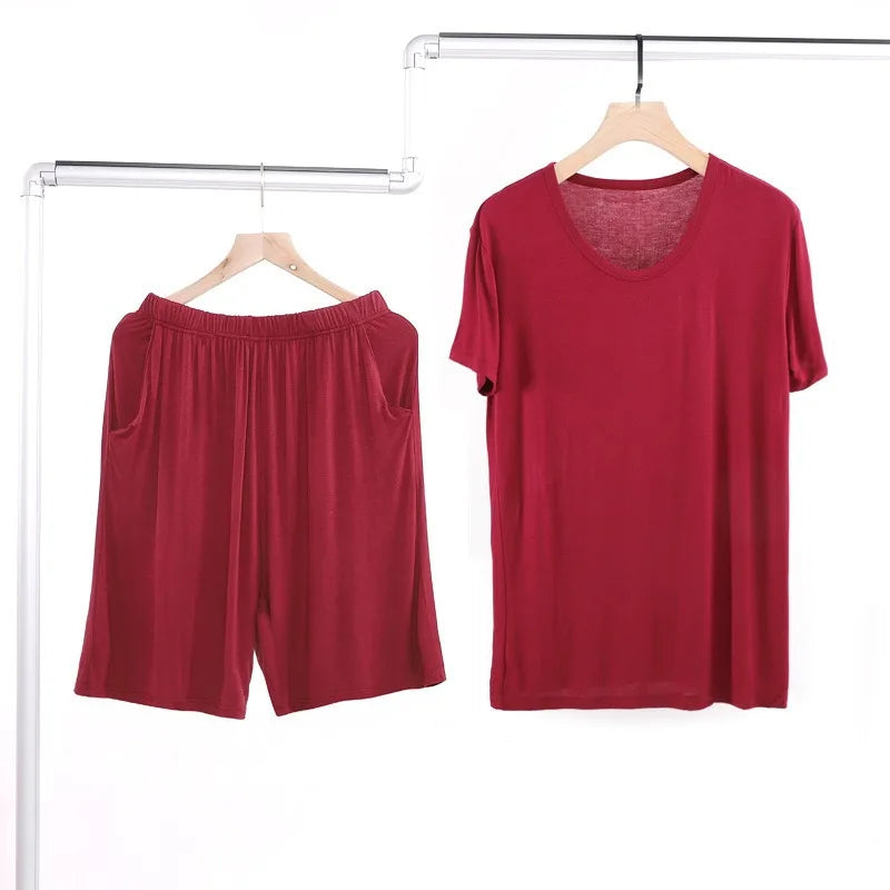 Summer Men's Modal Short Sleeve Shorts Set V-Neck Loose Fit Comfortable Sleepwear Home Clothes Mid-aged And Elderly Suitable