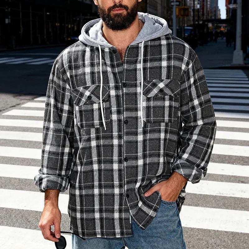 Men's Plaid Flannel Shirt Jacket Detachable Hooded Button-Down Shacket for Casual Wear