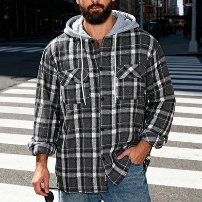 Men's Plaid Flannel Shirt Jacket Detachable Hooded Button-Down Shacket for Casual Wear