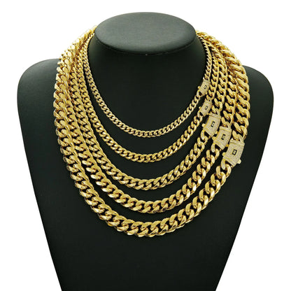 6-14mm Bling Gold Color Stainless Steel Cuban Miami Chains Necklaces CZ Zircon Box Lock Link Chain for Men Hip Hop Rock jewelry