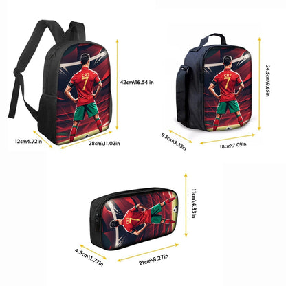 3-Piece CR7 Soccer Star Pattern Backpack Set – Large-Capacity Casual Backpack with Matching Clutch & Tote Bag, Perfect for Daily