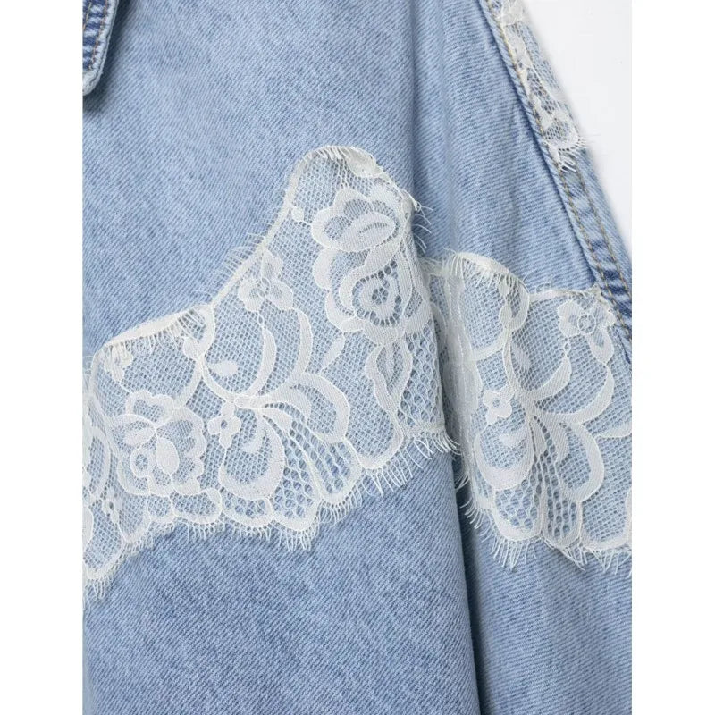 Women's Cropped Lace Denim Jacket New 2026 Spring Long Sleeve Button Female Chic Outerwears High Street Lady Chic Tops