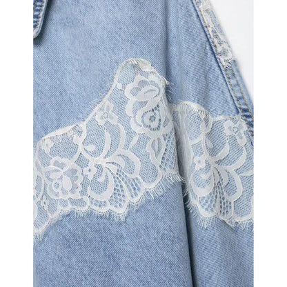 Women's Cropped Lace Denim Jacket New 2026 Spring Long Sleeve Button Female Chic Outerwears High Street Lady Chic Tops