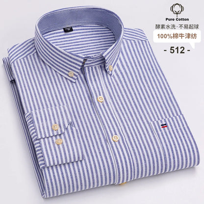 Men's Social Shirts Long Sleeve 100%Pure Cotton Oxford Buttoned Plaid Formal Male Casual Clothes Oversized Shirt Plus Size S-7XL