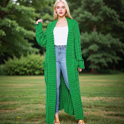 Women's solid-color textured drop-shoulder pocket long cardigan, a casual long-sleeved knitted garment suitable for autumn and winter,
