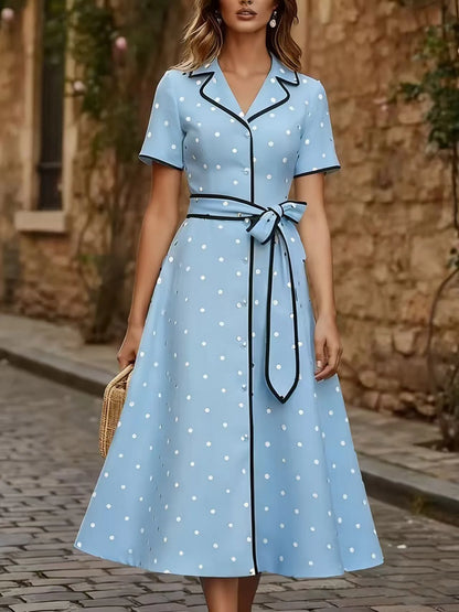 Vintage French Style Polka Dot V Neck Summer Dress Slim Waist Tie Belt Midi A-Line Flared Casual Outfit