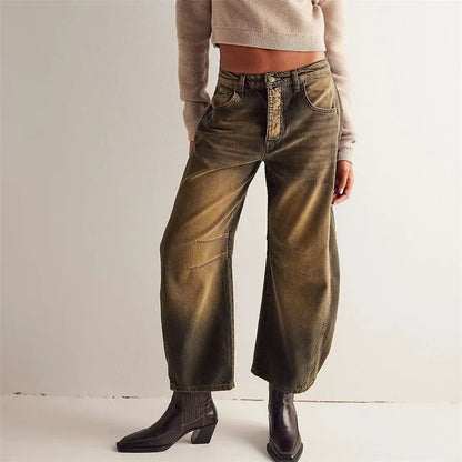 Women Vintage American Style Denim Jeans New Knee Splicing Design Straight Pants Female Commuter Casual Loose Mid Waist Trousers