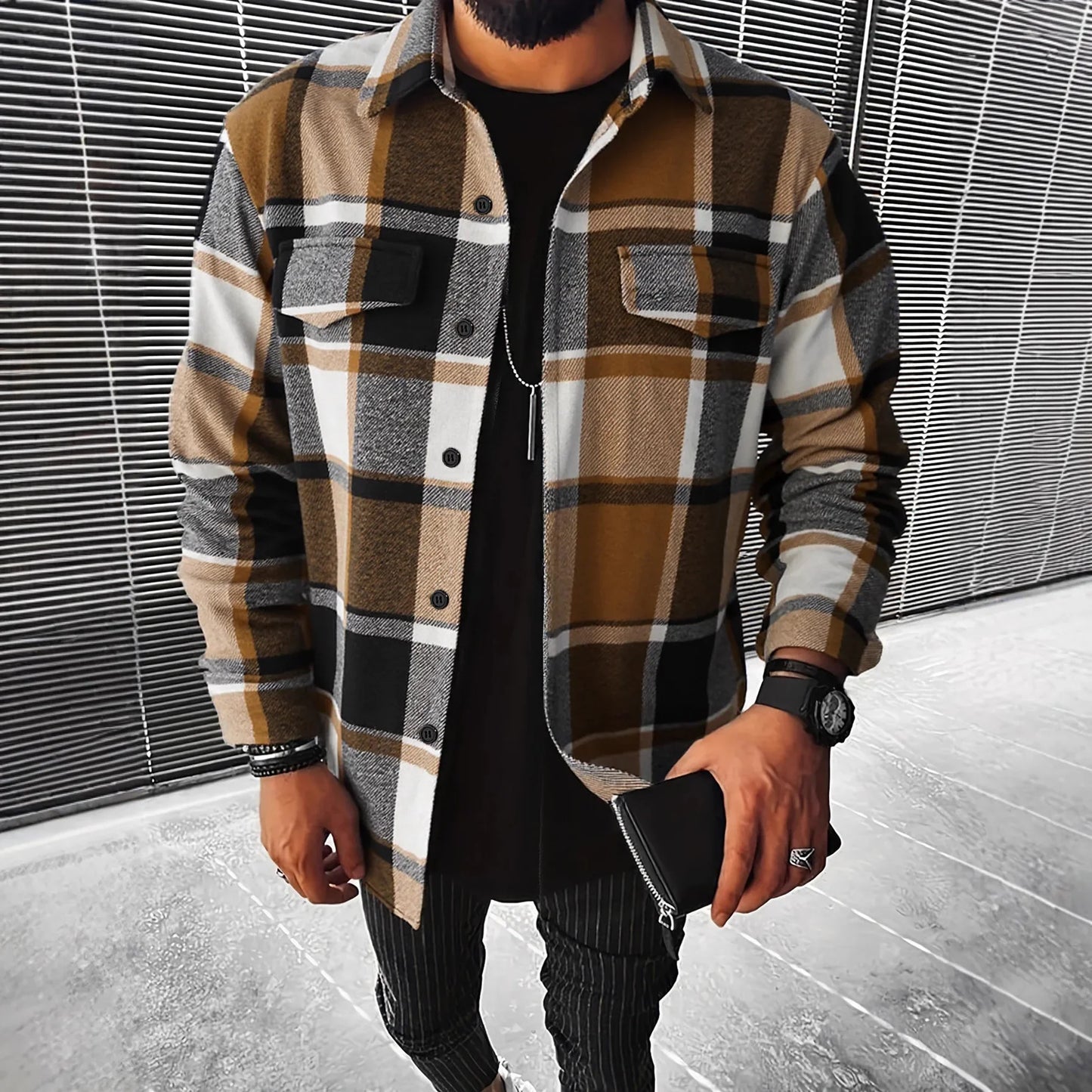 Men's Casual Plaid Shirt Jacket Autumn Winter New Style Flannel Outerwear Loose Fit Male