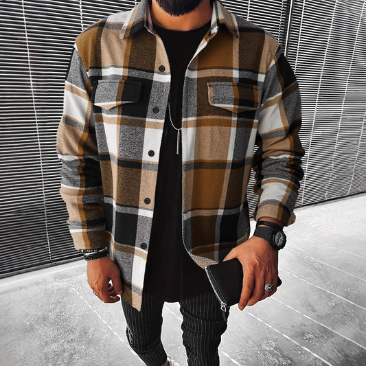 Men's Casual Plaid Shirt Jacket Autumn Winter New Style Flannel Outerwear Loose Fit Male