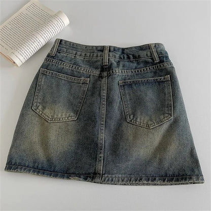 2024 Spring New Women High Belt Anti-exposure Short dress Retro Dark Fashion Solid color Short A Word Denim Skirt