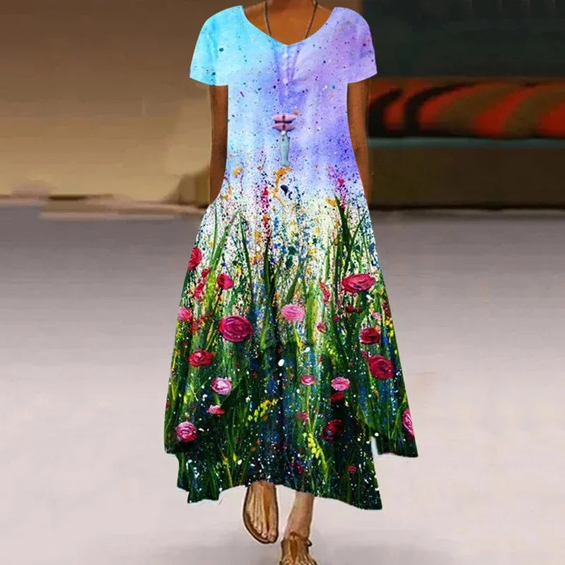 Women's Fashionable Dandelion Short Sleeved Dress Summer Casual Print Long Dress