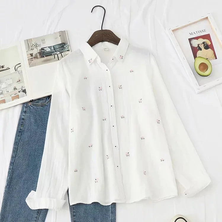 2026 Spring Autumn New Fresh Cotton Yarn Ladies Long Sleeve Shirt Flower Embroidered Women's Casual Shirt Female Blouse Clothes