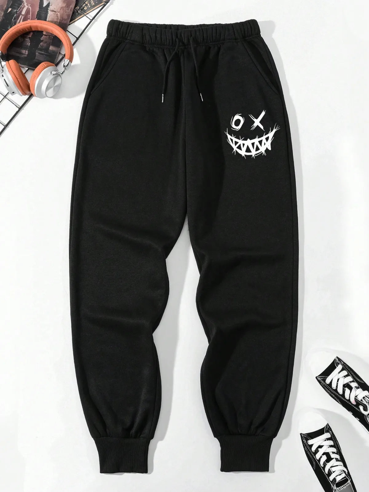 Men's Smiling Face Printed Drawstring Waist Pants for Rave Trendy Pattern Drawstring Sweatpants Casual Slightly Stretch Joggers