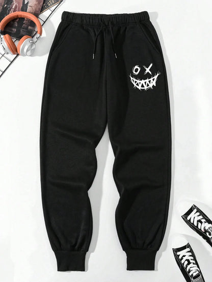Men's Smiling Face Printed Drawstring Waist Pants for Rave Trendy Pattern Drawstring Sweatpants Casual Slightly Stretch Joggers