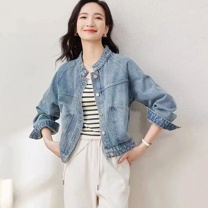 New Womens Retro Washed Denim Jacket Autumn Winter Standing Collar Basic Coat Fashion Female Casual Motorcycle Jacket Light Blue