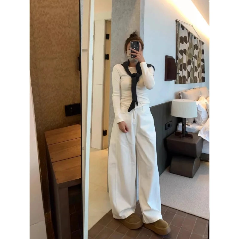 White Wide Leg Cutlass Jeans Women's Spring New Loose Straight Leg Long Denim Trousers Casual Streetwear Y2K Style Pants