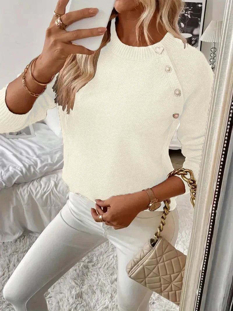 Women Asymmetrical Gold Button Crew Neck Knit Sweater, Soft Solid Long Sleeve Casual Pullover Jumper For Spring Autumn Daily Wear