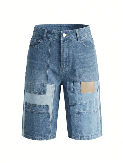 GLOURI Women Patchwork Denim Shorts High Waist Multi-Pocket Bermuda Jean Shorts Casual Streetwear