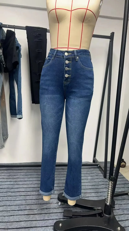 Y2k Jeans For Woman Blue Stretch Denim Pants Multiple Buttons Rolled Hem Ankle Length Fashion Trousers