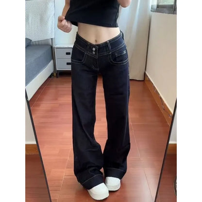Womens Jeans New American Style Double Waist Button Bootcut Loose Fit Low Rise Straight Leg Pants Not Tight