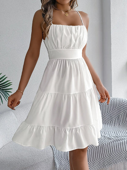 Casual Vacation Ruffled Camisole Dress Spring Summer Women's Solid Dresses for 2026 Valentine's Day Woman Clothing Pink Blue
