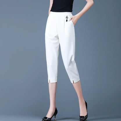 Quality White Cropped Pants With Elastic Waist for Women's Loose Fitting Summer Fit 2023 New Oversized Slim5XL Fit Versatile