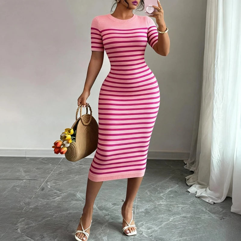 Women's Black Striped Crew Neck Short Sleeve Stretchy Knit Midi Dress Bodycon Sundress Casual Summer Daily Party Dress Outfits