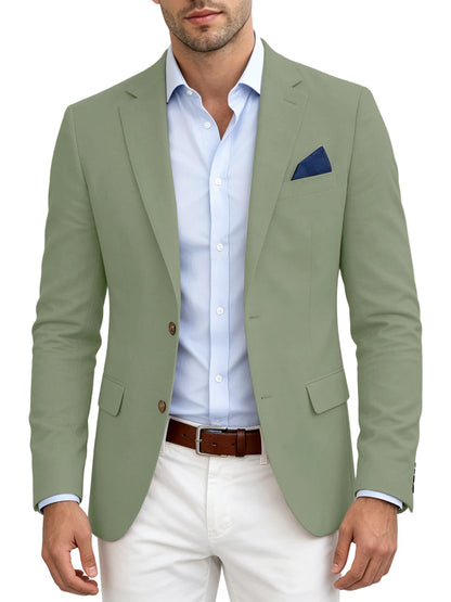 Men's Linen Blend Blazer Notched Lapel Two Button Breathable Suit Jacket For Business Casual Wedding Daily Wear